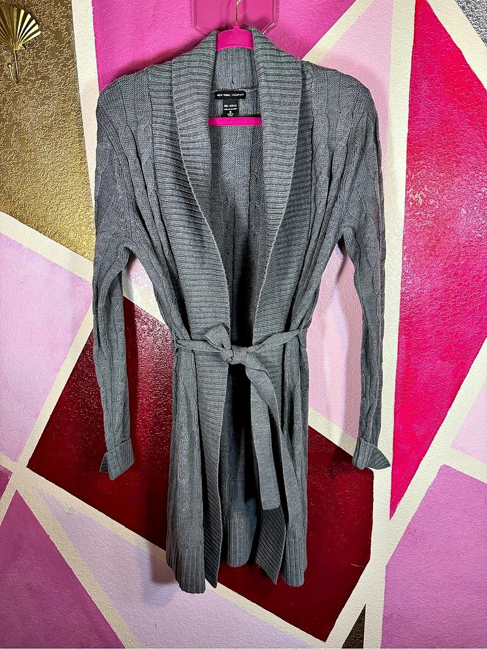 New York & Company Small Gray Cable Knit Belted Long Cardigan Shawl Collar Wrap